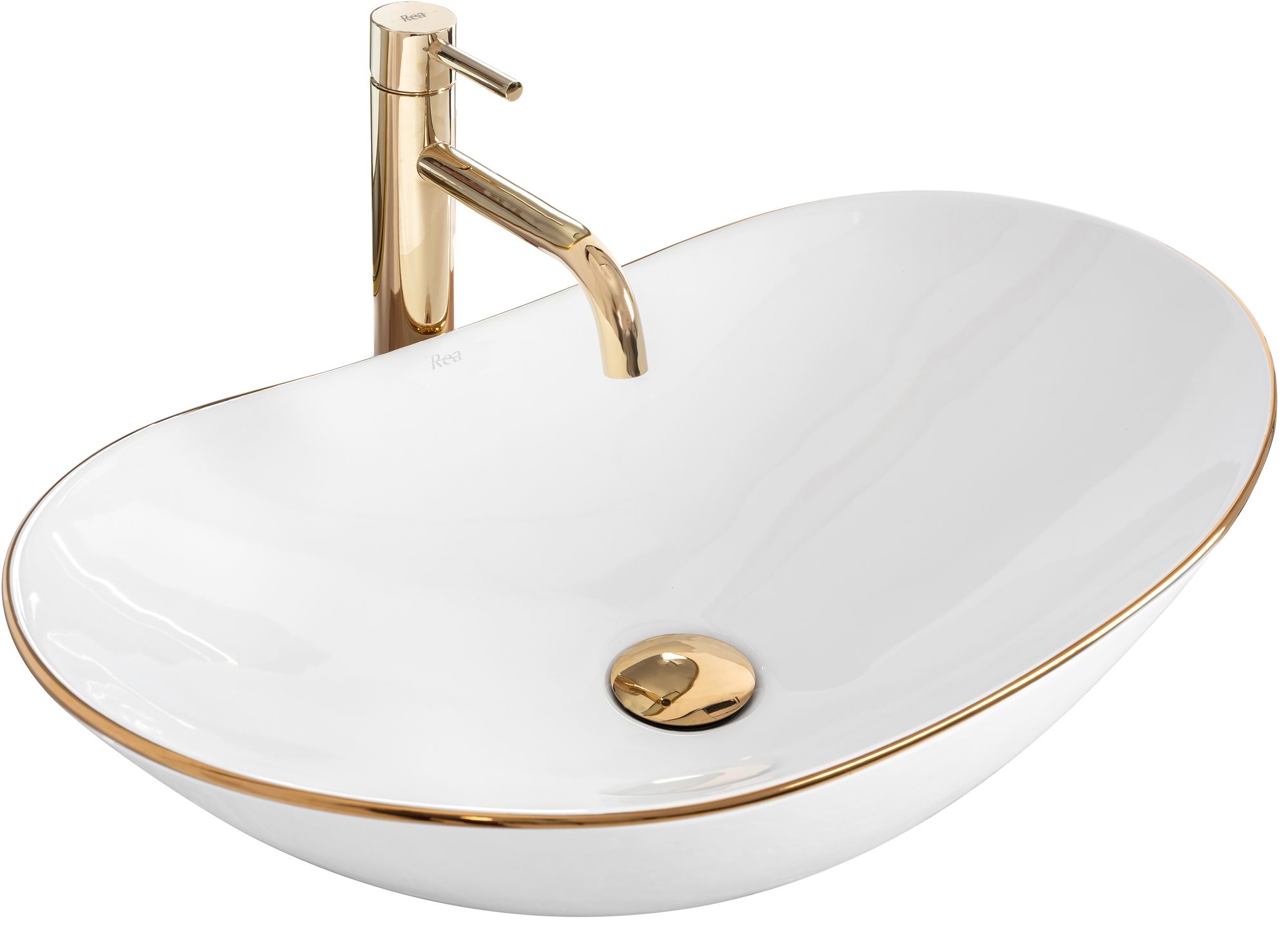 ee967ceb8aae6553cb2b10d4a369d91c Umývadlo na dosku REA ROYAL - biele + zlatý okraj – Obrázok 1